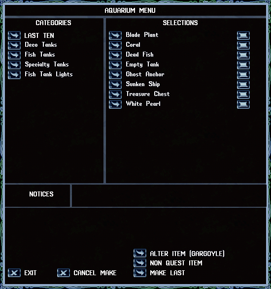 Aquarium Crafting menu