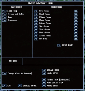 Mystic Bowcrafting Menu