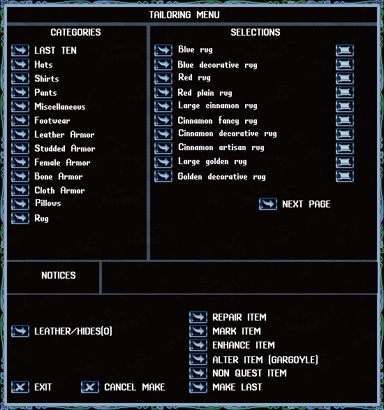 Weaving in the Tailoring menu